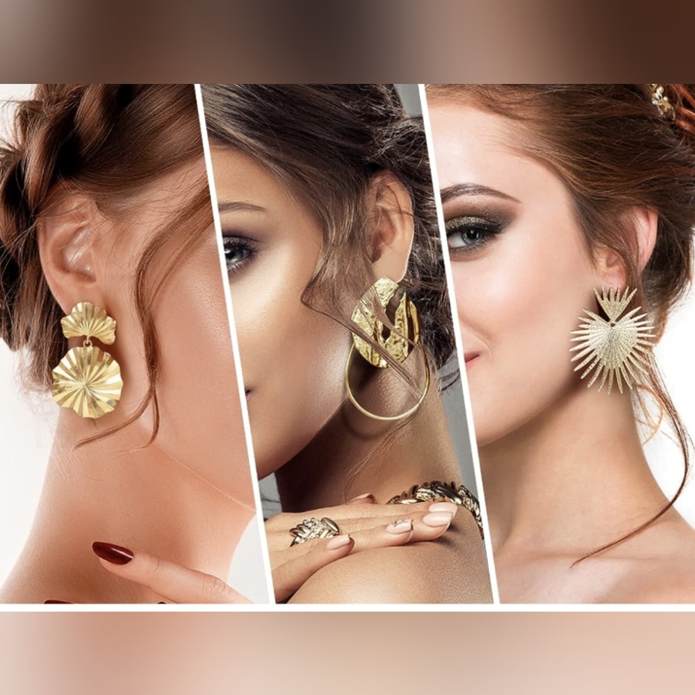 3 pairs Gold Fashion Geometric Earrings Exaggerated Statement Lightweight!